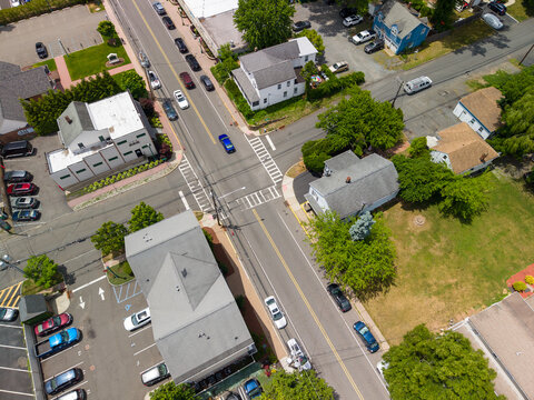 Aerial view american suburban neighborhood street intersection