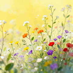 Fototapeta premium Soft Watercolor Wildflower Field Illustration With Colorful Blooms Under Warm Sunlit Yellow Bokeh Background