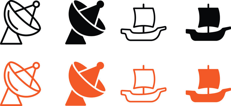 satellite dishes and sailboats in black and orange