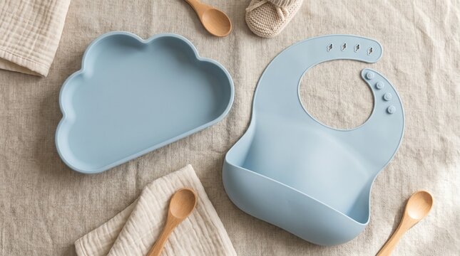 Baby feeding preparation with blue bib and plate on table