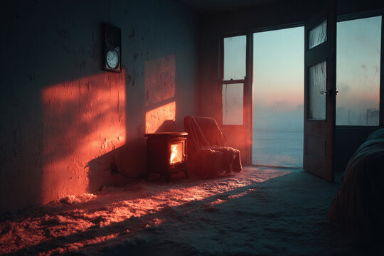Cold abandoned room with snow and warm fireplace light, contrast of survival and isolation concept