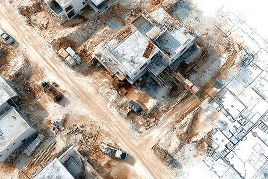 Aerial View of House Construction Site with Architectural Blueprint Overlay