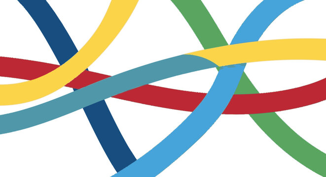 Abstract composition of intersecting curved ribbons in primary red yel