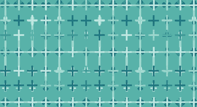 Abstract repeating pattern of hand-drawn teal crosses and grid lines w
