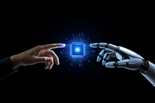 Rencontre symbolique entre une main humaine et une main robotique