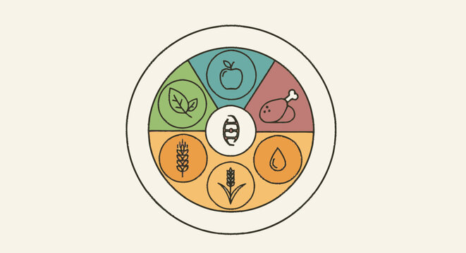 Cropped sketchy flat graphic illustration of a partial food group whee