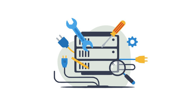 Flat illustration showcasing IT maintenance tools: a blue wrench two e
