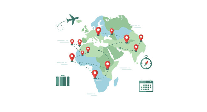 Flat illustration of a partial world map with an airplane dotted fligh