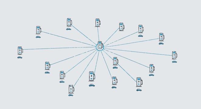 Flat illustration of multiple electric vehicle charging stations with 