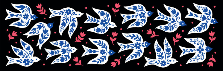 Fototapeta premium Folk pattern with blue floral swallows and pink sprigs on black