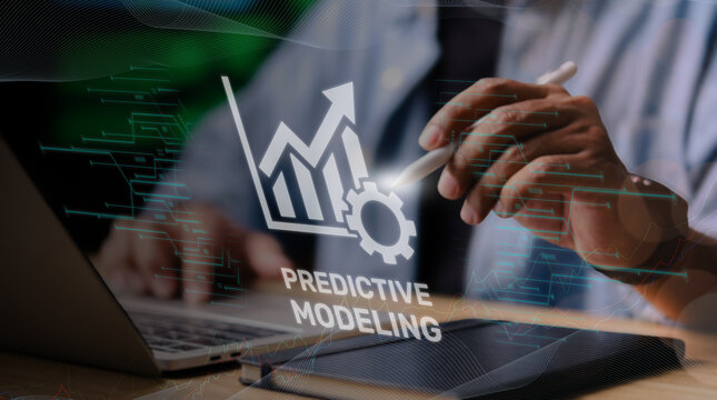 Professional using digital tools for predictive modeling and data analytics on a laptop with upward growth chart icon