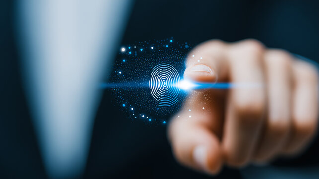 Finger touching a digital fingerprint scan, symbolizing biometric authentication, identity verification, and secure access control.
