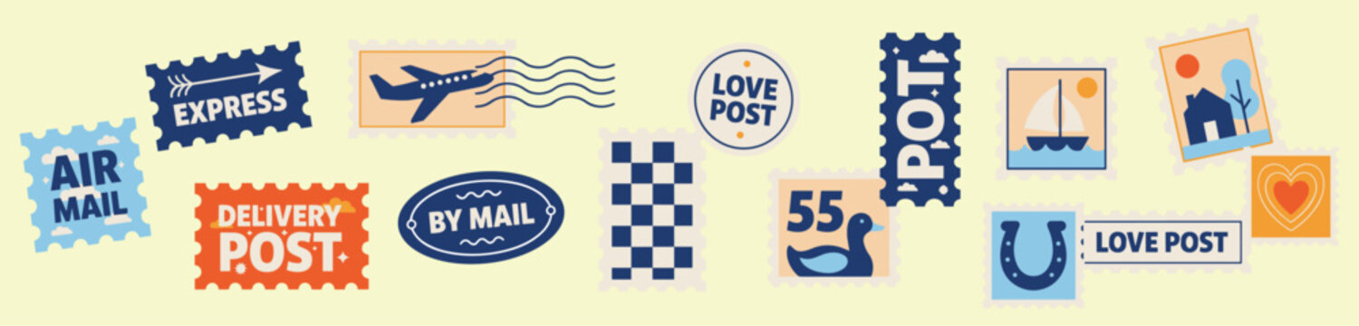Collection of vintage-style postage stamps with travel and mail