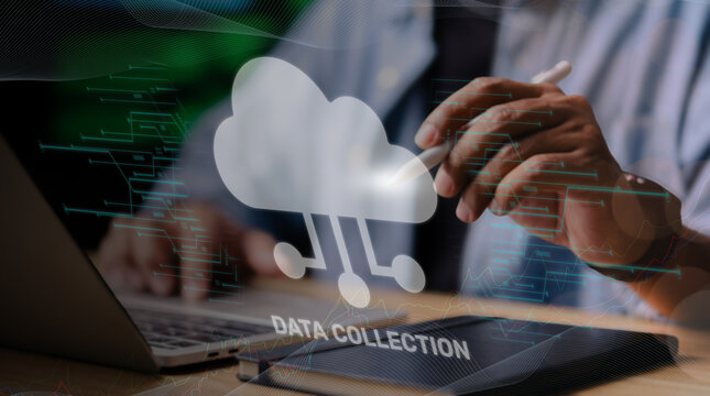 Professional using laptop for cloud based data collection and digital information management process