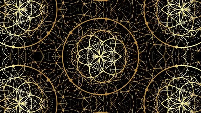 Video loop animation of gold flower of life, Sacred Geometry: Seed of Life Seamless Pattern, golden kaleidoscope in fractal style. Abstract background for vj, dj, template, meditation, intro video