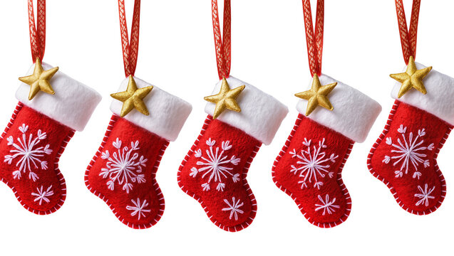 Isolated row of festive red Christmas stockings with golden stars and snowflake designs