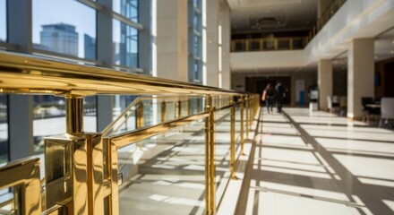 Fototapeta premium Modern golden railings guide through a bright business center interior with natural light and architectural lines