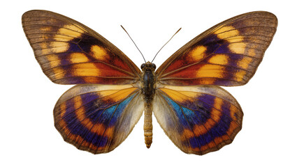 Isolated vibrant tropical butterfly with striking iridescent blue and warm-toned patterned wings © Lucas