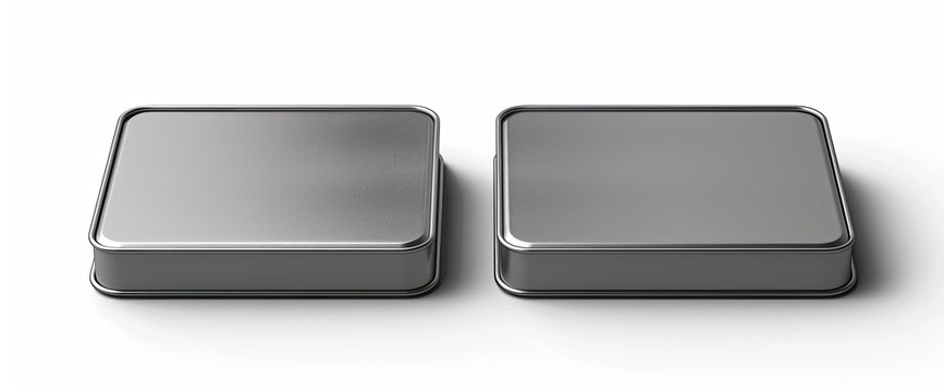 Two metallic square tins with rounded corners on a white background, lit from above, in a studio shot