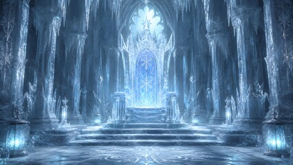 Naklejka premium Frozen ice throne in crystalline palace hall with shimmering snowflakes and columns.