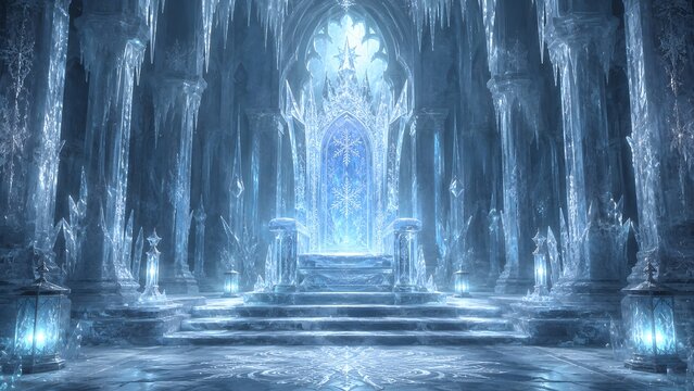 Frozen ice throne in crystalline palace hall with shimmering snowflakes and columns.