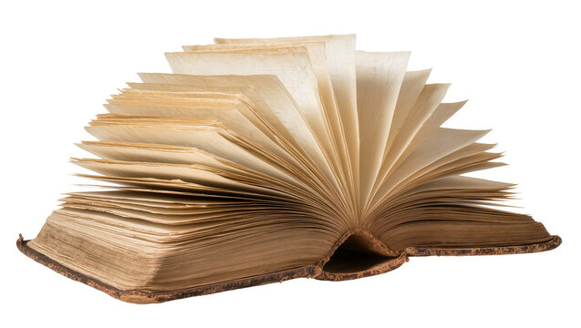 Isolated antique open book with many fanned out old yellowed pages and rustic cover
