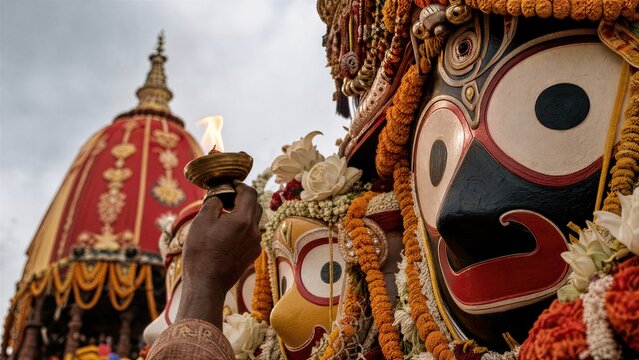 Devotee performing arati ritual for Jagannath deity during Rath Yatra festival. Traditional hindu religious celebration with wooden chariot in Puri. Spiritual worship and cultural heritage.