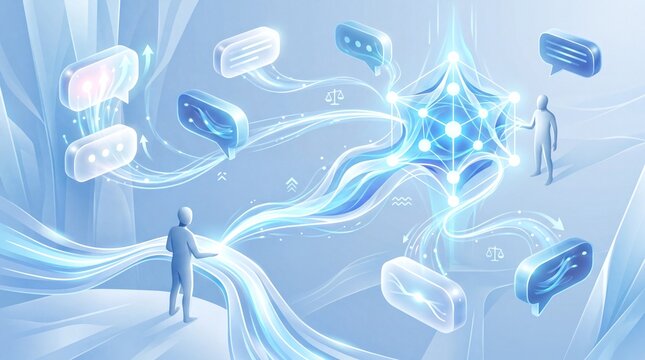 virtual assistant design, a futuristic blue and white chatbot interface with conversation bubbles and sentiment analysis