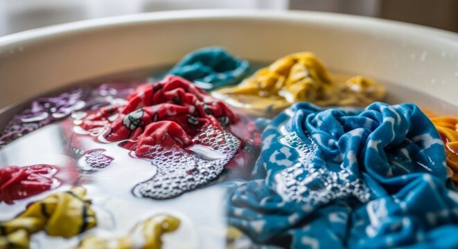 Colorful clothes soaking in water for hand washing, close-up view with soft natural light and bubbles