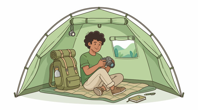 a man sitting inside a green tent.