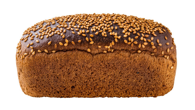 Isolated freshly baked dark rye bread loaf generously covered with golden sesame seeds