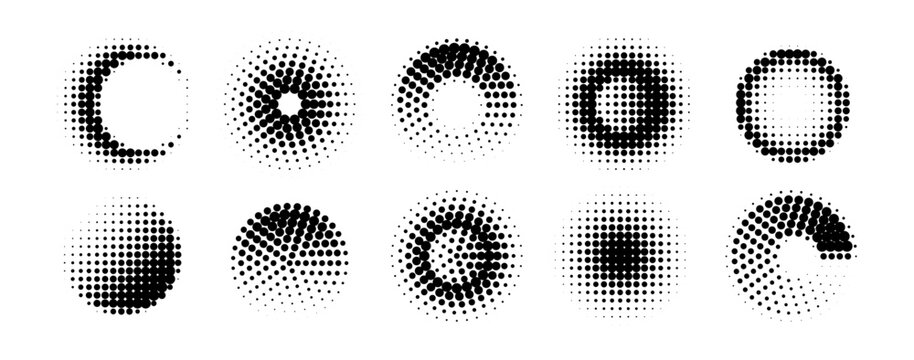Set halftone dot radial pattern. Gradient dotted texture design element transparent effect. Gradation black half tone ring, spiral, circle, frame, moon. Vector illustration