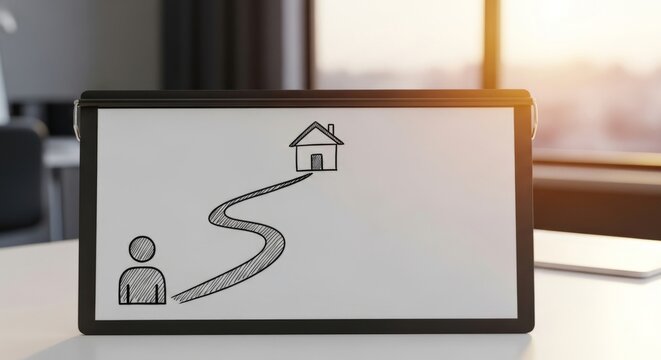 Person figure drawn on flipboard charts a path to a house, symbolizing real estate journey and investment