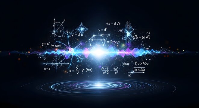 Photo of abstract visualization of complex mathematical formulas and scientific concepts