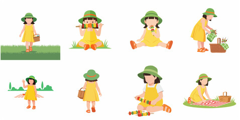 Fototapeta premium Flat vector character set of a little girl having a picnic, eating vegetable skewers, and playing on the grass