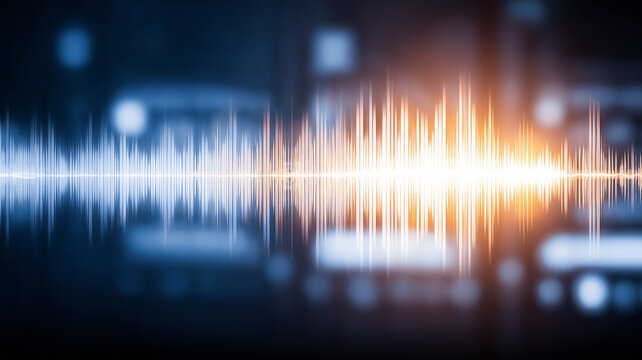 Abstract audio waveform with glowing signal lines, symbolizing sound technology, voice data, communication analysis, and digital frequency processing.
