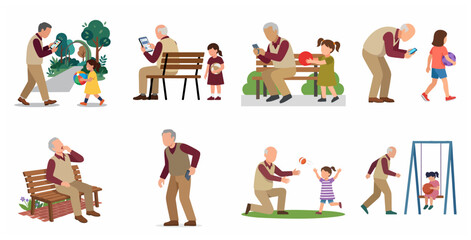 Illustration set showing a grandfather distracted by digital devices while playing with his granddaughter in the park, highlighting smartphone addiction and social isolation issues.