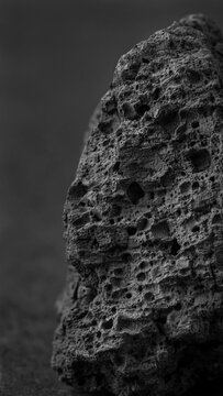 macro of porous black volcanic rock with rough surface and tiny holes, dramatic side lighting highlighting texture depth, natural and raw feeling