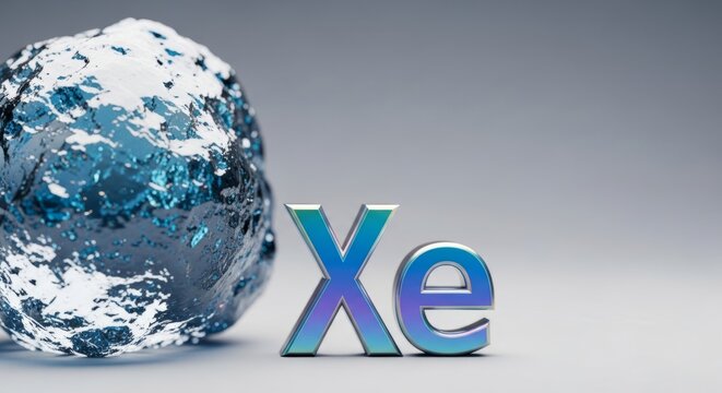 Xenon element symbol 'Xe' with abstract blue and white textured sphere, modern science and technology background