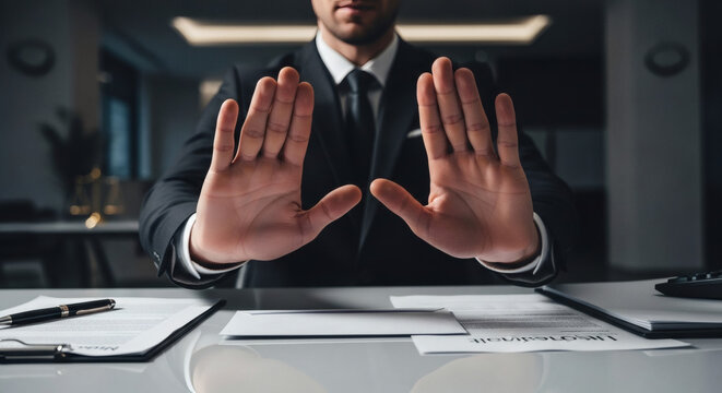 Professional businessman in suit showing stop gesture with hands while sitting at office desk with documents and legal contracts