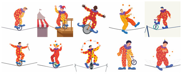 Circus Clown Characters Set Performing Acrobatics Juggling and Riding Unicycle on Tightrope Flat Vector Illustration © Jackie