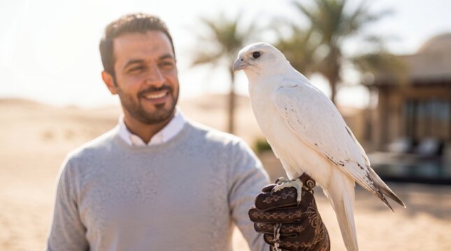 Smiling middle eastern man holding a white falcon on his gloved hand in the desert.