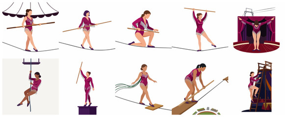 Set of female circus tightrope walkers and aerial performers in purple costumes, vector illustration © Kkasey