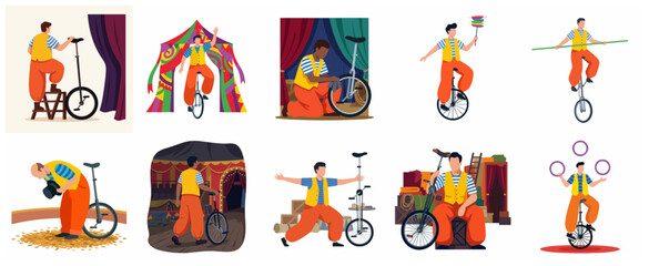Set of circus unicyclist performers illustrations including juggling, tightrope walking, and backstage preparation scenes in flat vector style © Laafaa