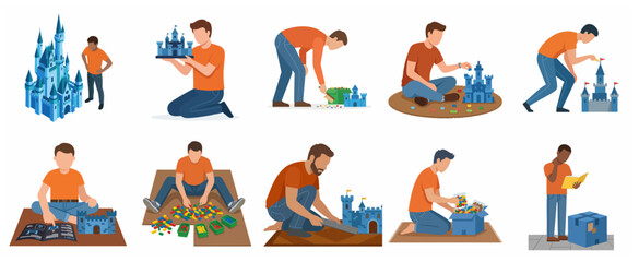 Fototapeta premium Set of illustrations featuring men building intricate toy castles from plastic bricks, showcasing hobby, leisure, and creative construction for adults