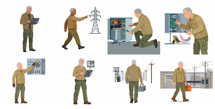Electrical engineer technician character set for power plant maintenance and grid inspection, professional senior electrician flat vector illustration