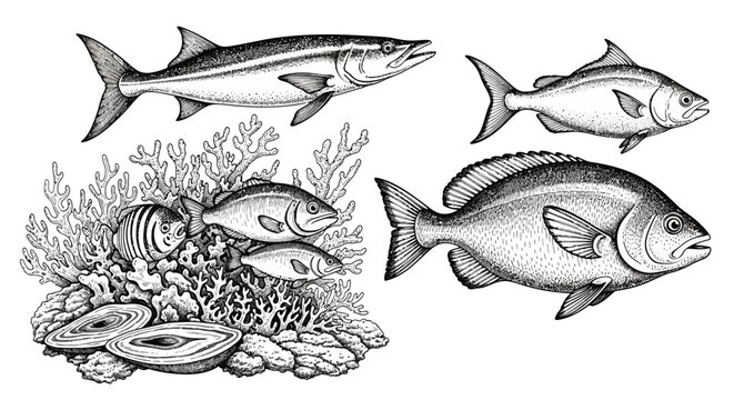 Vintage engraved fish collection and underwater marine life scene. Detailed hand-drawn black and white illustrations of sea creatures.