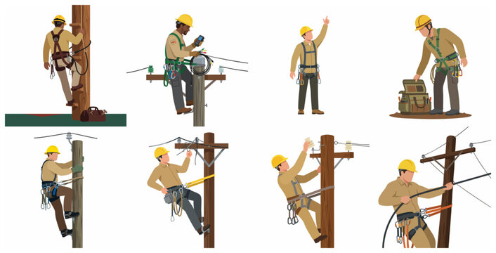 Set of utility linemen performing electrical maintenance and repair on wooden poles in flat vector style