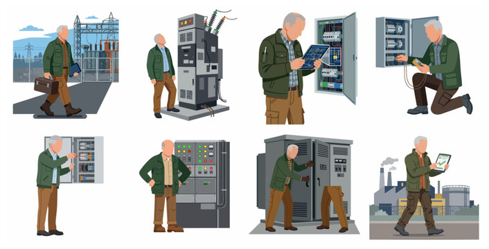Professional Electrician and Power Grid Technician Working on Industrial Electrical Equipment, Substation, and Control Panels Vector Illustration Set