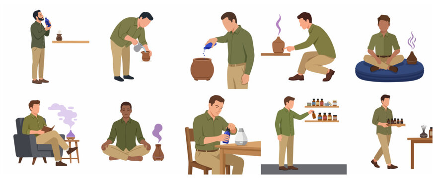 Set of man using essential oil diffuser for aromatherapy, meditation, and relaxation at home flat vector illustration